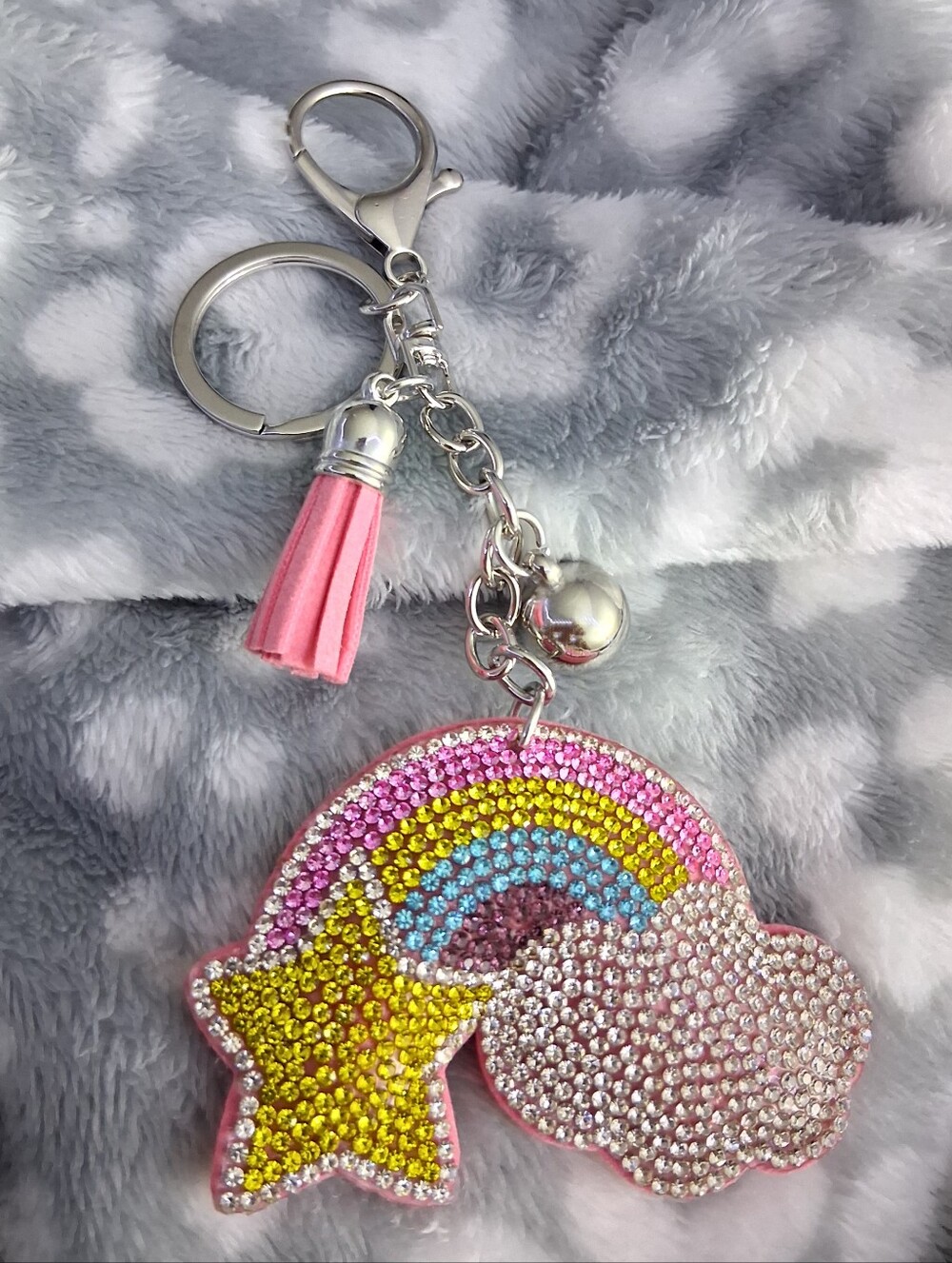 Pink Rhinestone Rainbow & Star Silver Keychain Bag Charm